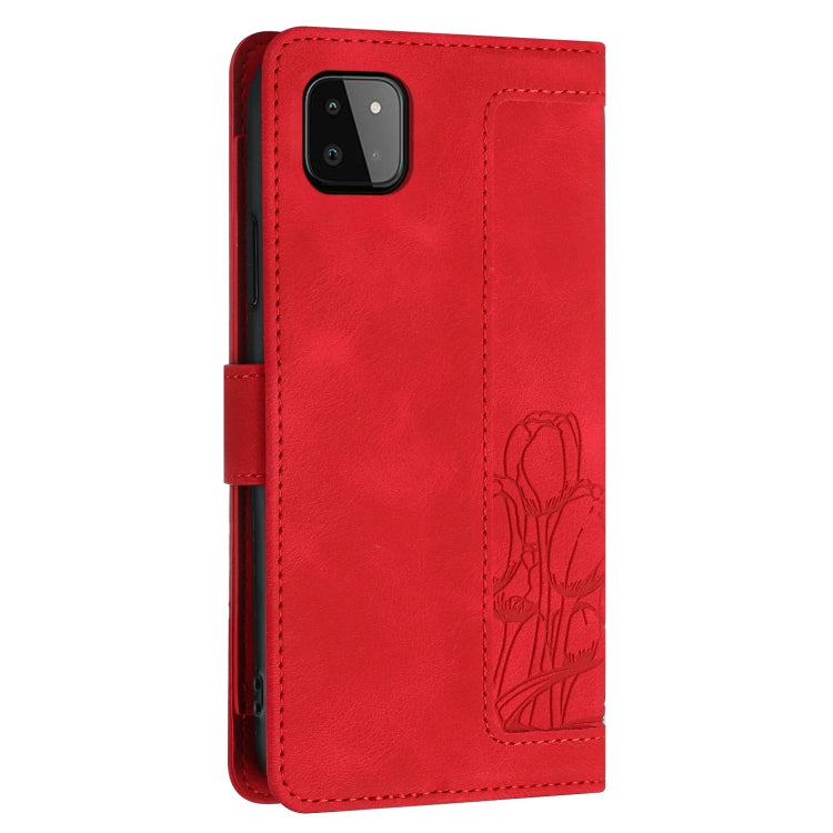 For Samsung Galaxy A22 5G Tulips Embossed Leather Phone Case with Lanyard