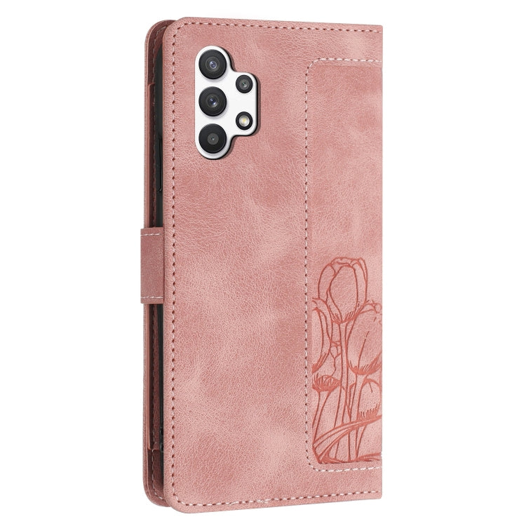 For Samsung Galaxy A32 5G Tulips Embossed Leather Phone Case with Lanyard
