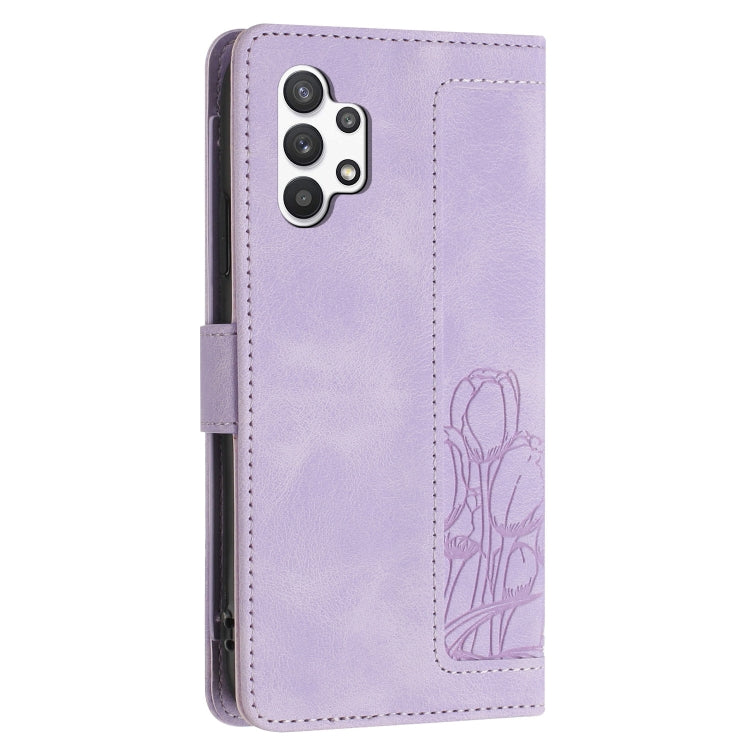 For Samsung Galaxy A32 5G Tulips Embossed Leather Phone Case with Lanyard
