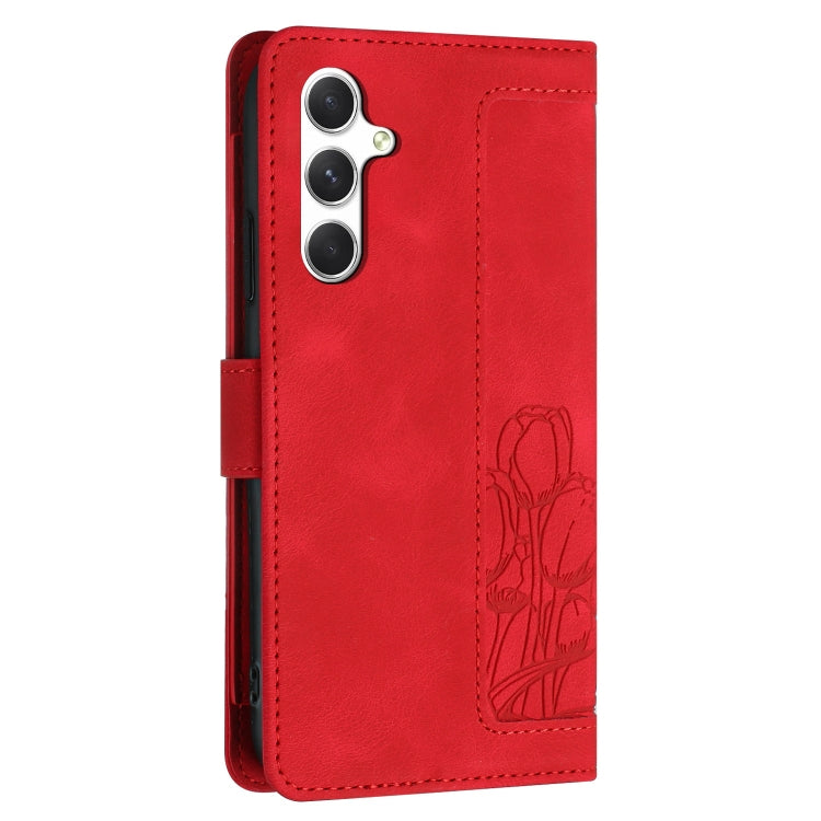 For Samsung Galaxy A34 5G Tulips Embossed Leather Phone Case with Lanyard