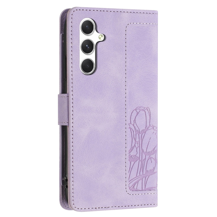 For Samsung Galaxy A35 5G Tulips Embossed Leather Phone Case with Lanyard