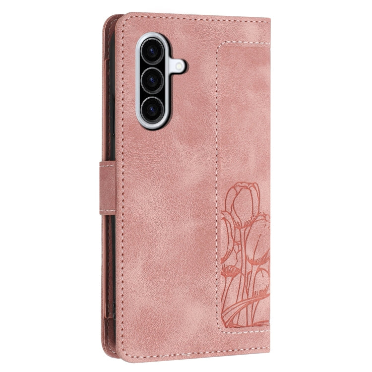 For Samsung Galaxy A36 5G Tulips Embossed Leather Phone Case with Lanyard
