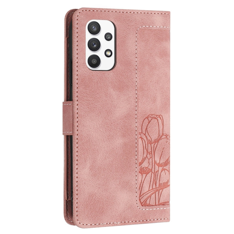 For Samsung Galaxy A53 5G Tulips Embossed Leather Phone Case with Lanyard