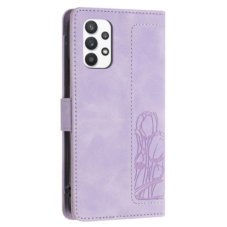 For Samsung Galaxy A53 5G Tulips Embossed Leather Phone Case with Lanyard