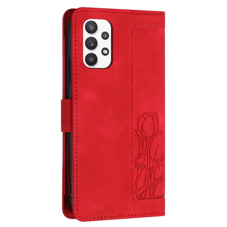 For Samsung Galaxy A53 5G Tulips Embossed Leather Phone Case with Lanyard