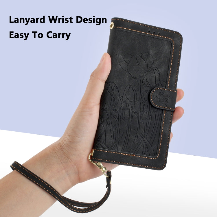For Samsung Galaxy A53 5G Tulips Embossed Leather Phone Case with Lanyard