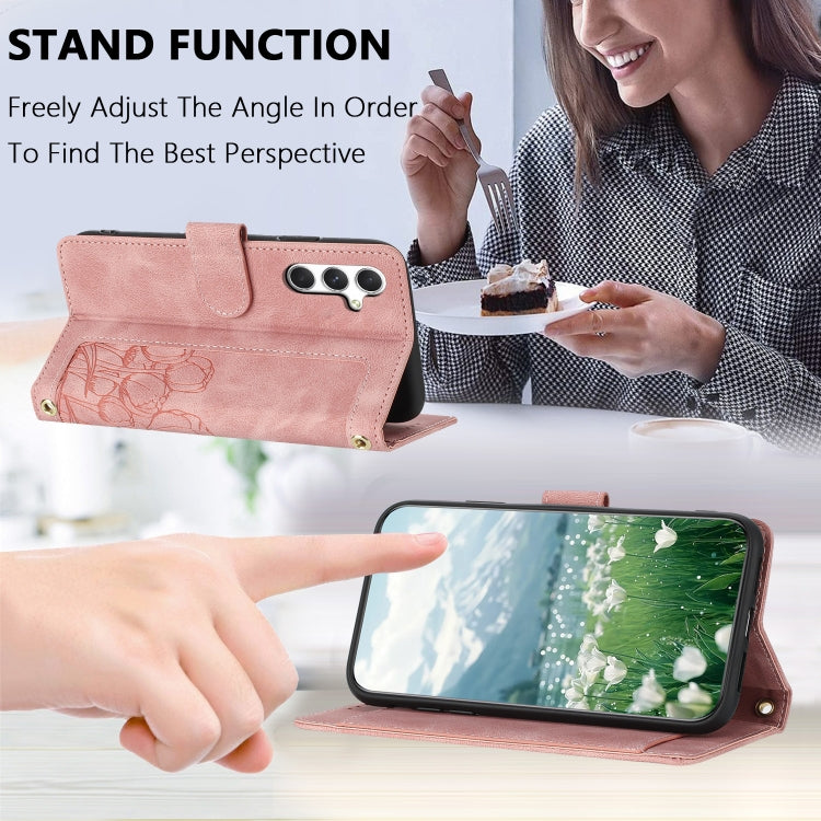 For Samsung Galaxy A55 5G Tulips Embossed Leather Phone Case with Lanyard