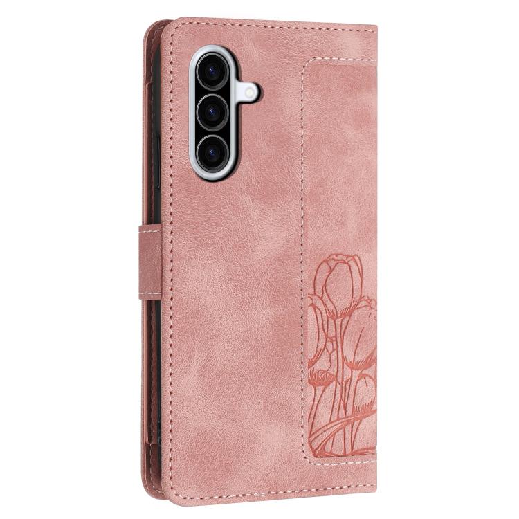 For Samsung Galaxy A37 5G Tulips Embossed Leather Phone Case with Lanyard