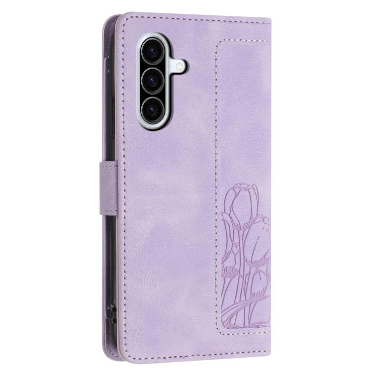 For Samsung Galaxy A37 5G Tulips Embossed Leather Phone Case with Lanyard