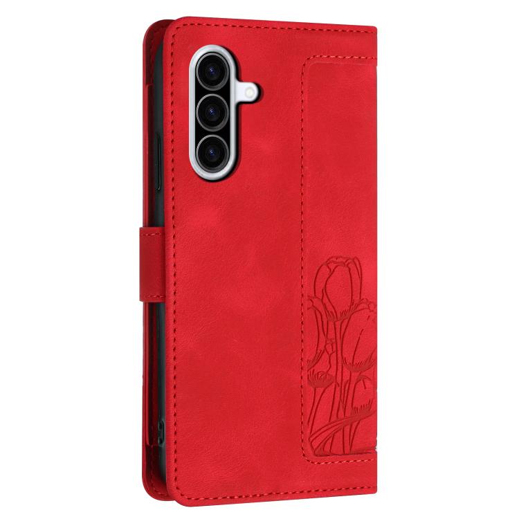 For Samsung Galaxy A37 5G Tulips Embossed Leather Phone Case with Lanyard