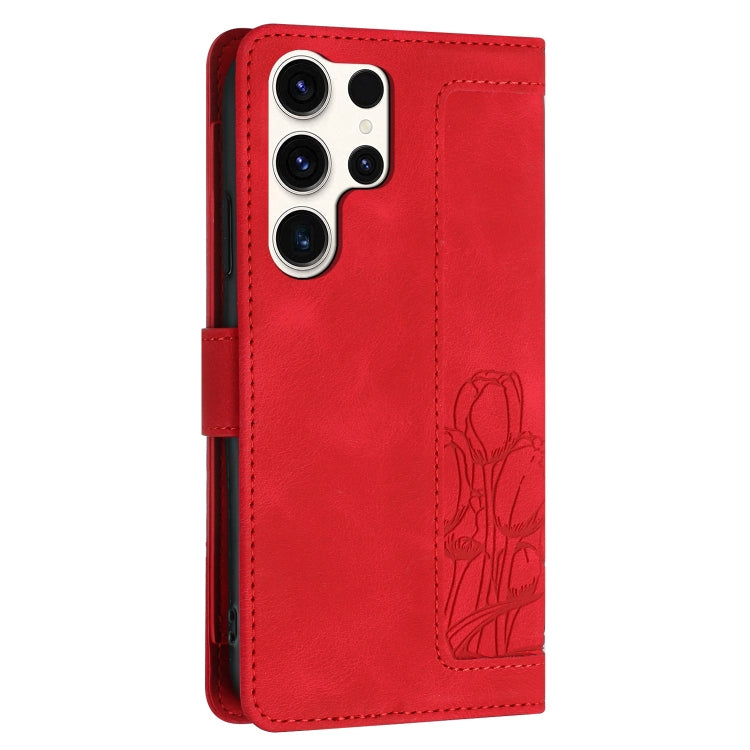 For Samsung Galaxy S25 Ultra 5G Tulips Embossed Leather Phone Case with Lanyard