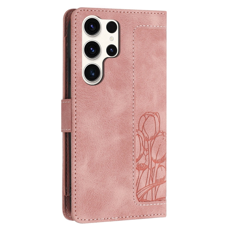 For Samsung Galaxy S24 Ultra 5G Tulips Embossed Leather Phone Case with Lanyard