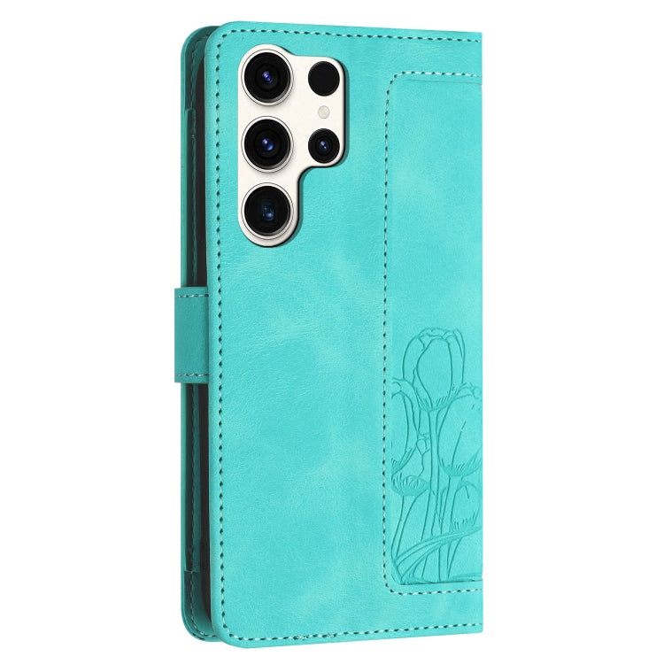 For Samsung Galaxy S24 Ultra 5G Tulips Embossed Leather Phone Case with Lanyard