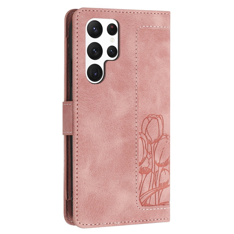 For Samsung Galaxy S23 Ultra 5G Tulips Embossed Leather Phone Case with Lanyard