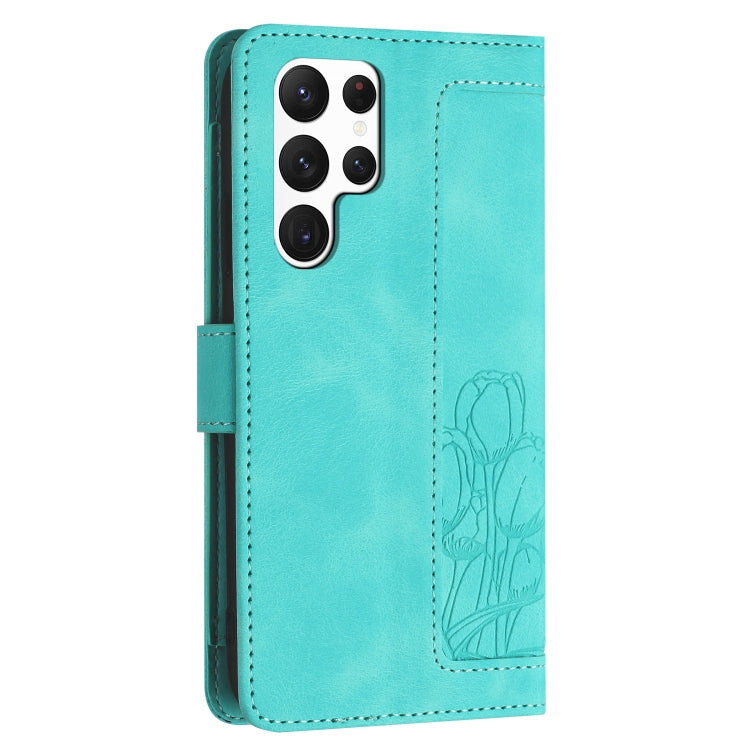 For Samsung Galaxy S23 Ultra 5G Tulips Embossed Leather Phone Case with Lanyard
