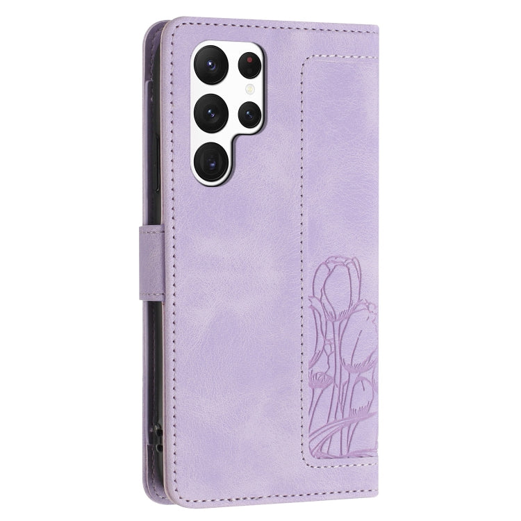 For Samsung Galaxy S23 Ultra 5G Tulips Embossed Leather Phone Case with Lanyard