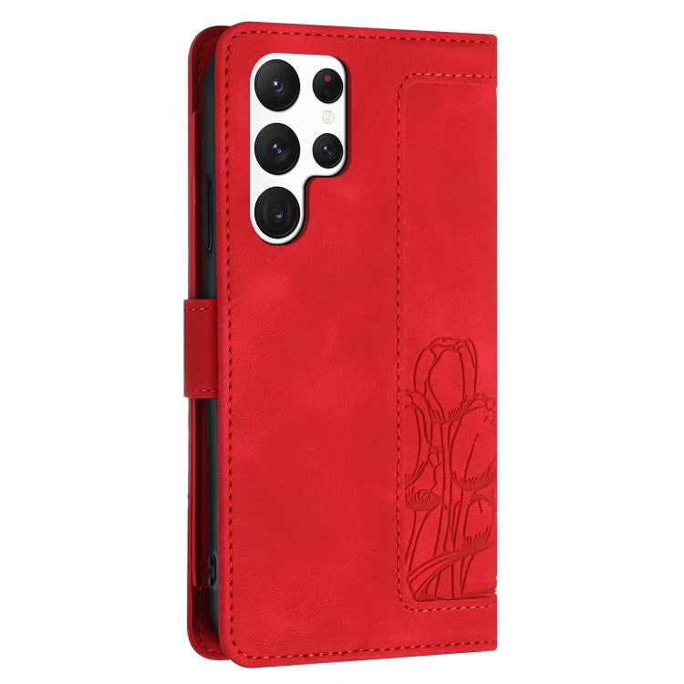 For Samsung Galaxy S23 Ultra 5G Tulips Embossed Leather Phone Case with Lanyard