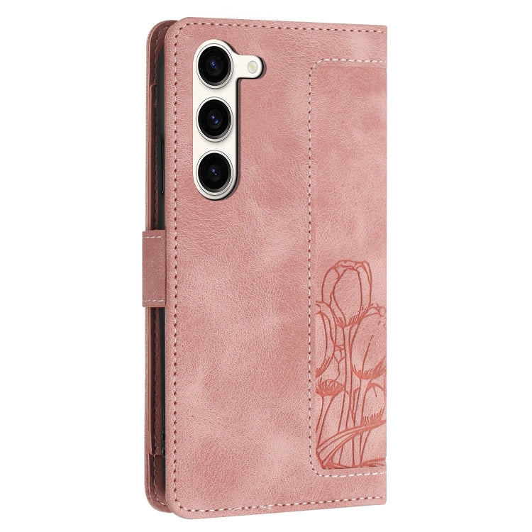 For Samsung Galaxy S23+ 5G Tulips Embossed Leather Phone Case with Lanyard