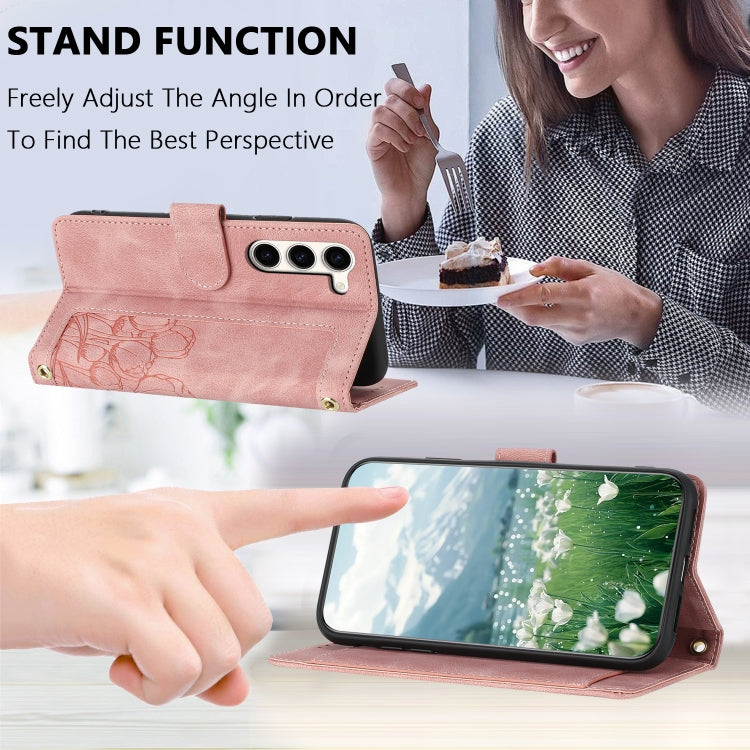 For Samsung Galaxy S23+ 5G Tulips Embossed Leather Phone Case with Lanyard