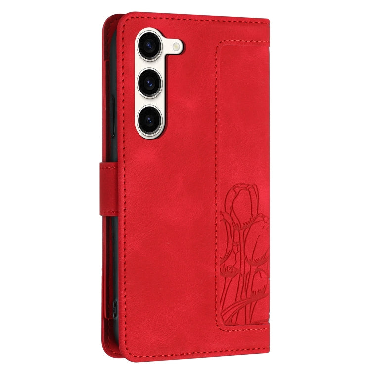 For Samsung Galaxy S23+ 5G Tulips Embossed Leather Phone Case with Lanyard