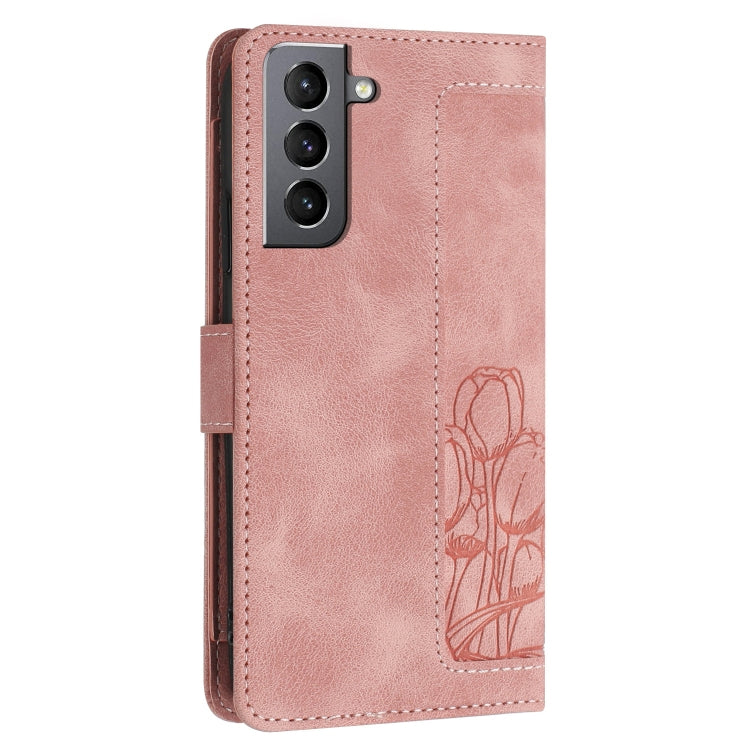 For Samsung Galaxy S22+ 5G Tulips Embossed Leather Phone Case with Lanyard