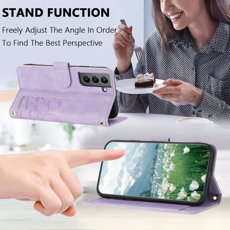 For Samsung Galaxy S22+ 5G Tulips Embossed Leather Phone Case with Lanyard