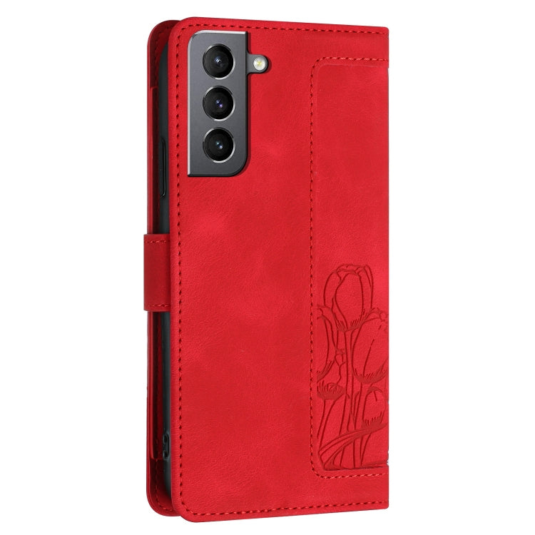 For Samsung Galaxy S22+ 5G Tulips Embossed Leather Phone Case with Lanyard