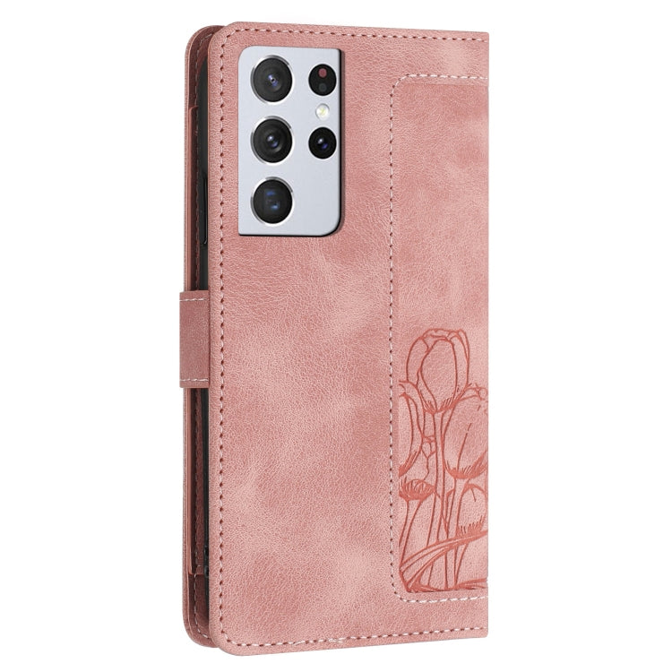 For Samsung Galaxy S21 Ultra 5G Tulips Embossed Leather Phone Case with Lanyard