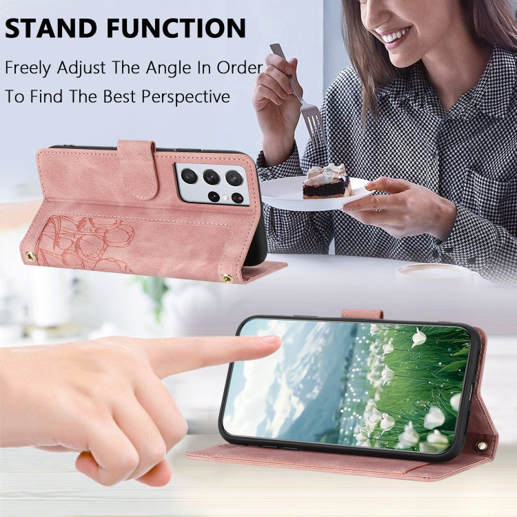 For Samsung Galaxy S21 Ultra 5G Tulips Embossed Leather Phone Case with Lanyard