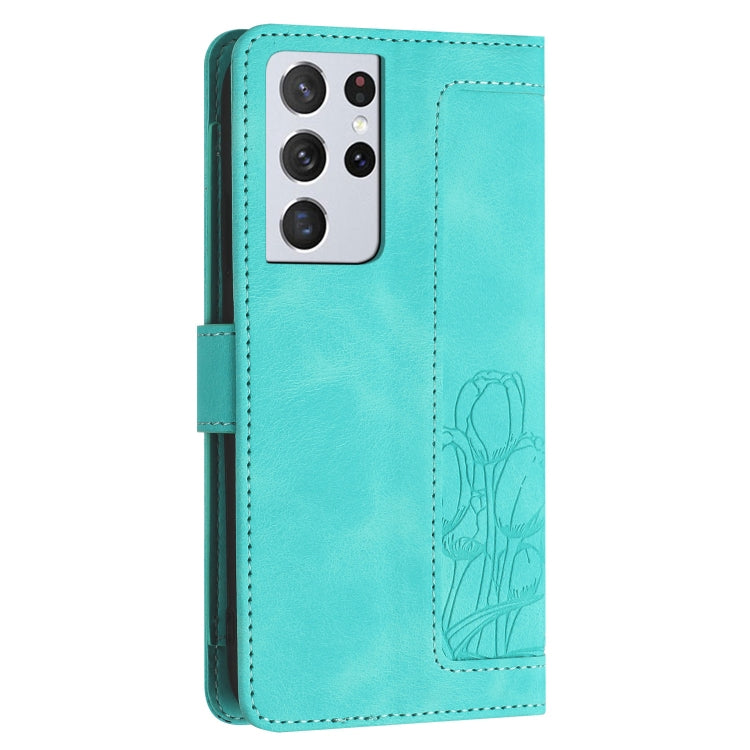 For Samsung Galaxy S21 Ultra 5G Tulips Embossed Leather Phone Case with Lanyard