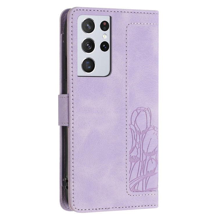 For Samsung Galaxy S21 Ultra 5G Tulips Embossed Leather Phone Case with Lanyard
