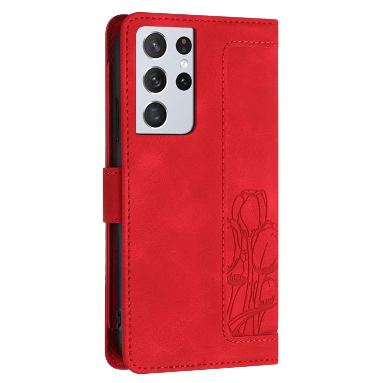 For Samsung Galaxy S21 Ultra 5G Tulips Embossed Leather Phone Case with Lanyard