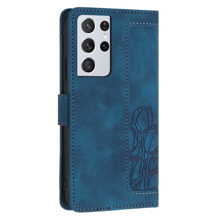 For Samsung Galaxy S21 Ultra 5G Tulips Embossed Leather Phone Case with Lanyard