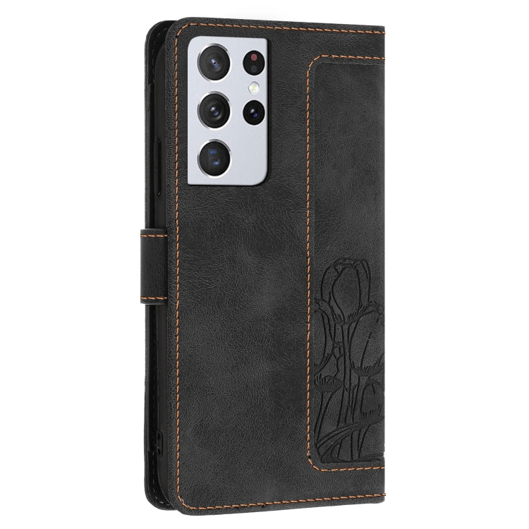 For Samsung Galaxy S21 Ultra 5G Tulips Embossed Leather Phone Case with Lanyard