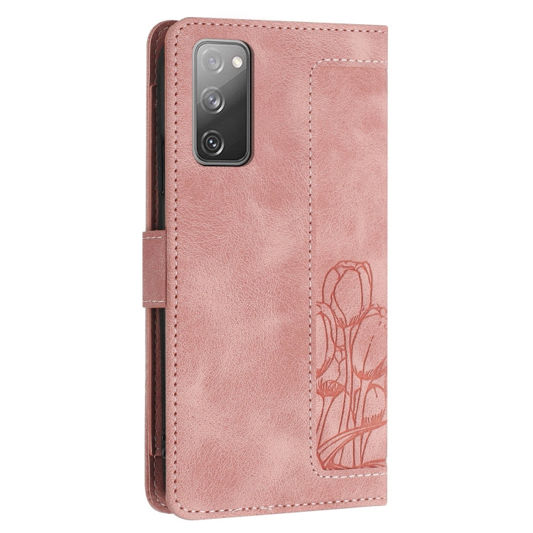 For Samsung Galaxy S20 FE Tulips Embossed Leather Phone Case with Lanyard
