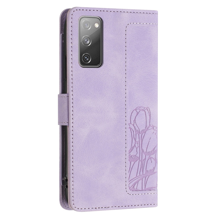 For Samsung Galaxy S20 FE Tulips Embossed Leather Phone Case with Lanyard