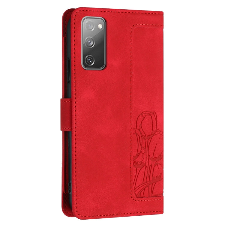 For Samsung Galaxy S20 FE Tulips Embossed Leather Phone Case with Lanyard