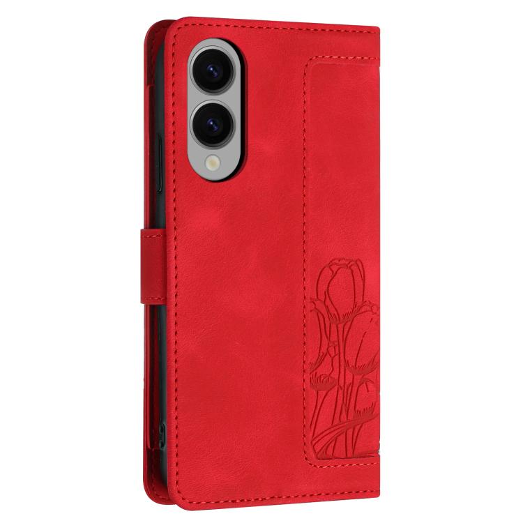 For Samsung Galaxy S25 Edge 5G Tulips Embossed Leather Phone Case with Lanyard