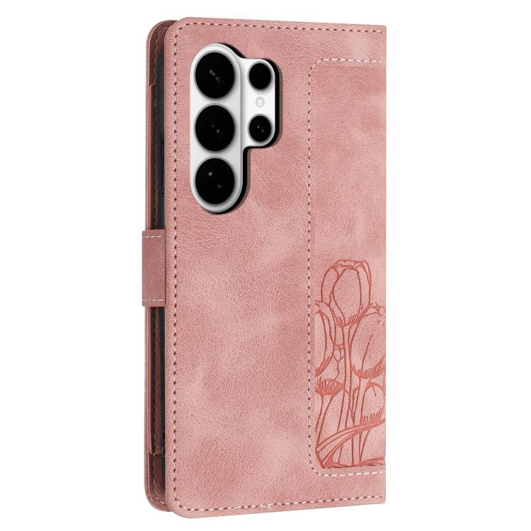 For Samsung Galaxy S26 Ultra 5G Tulips Embossed Leather Phone Case with Lanyard