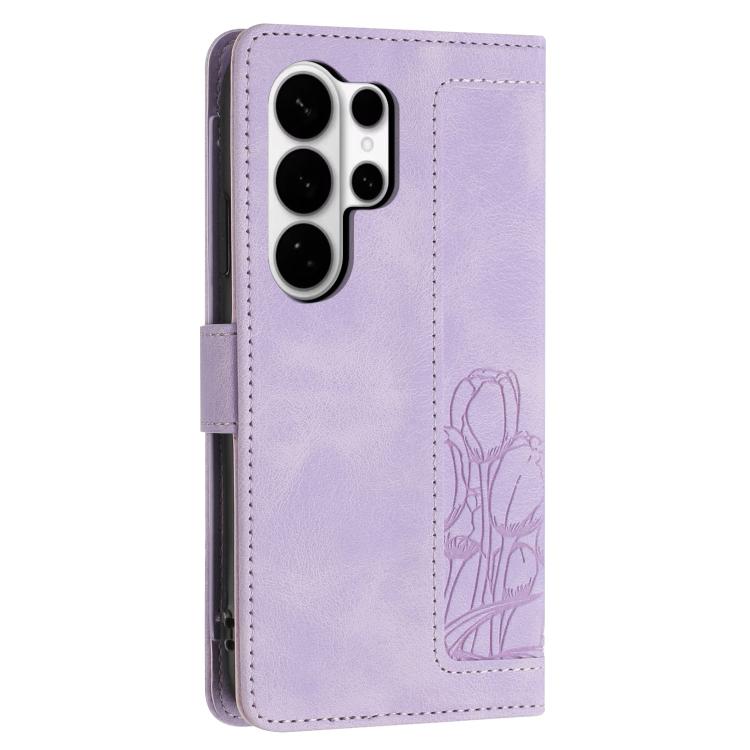 For Samsung Galaxy S26 Ultra 5G Tulips Embossed Leather Phone Case with Lanyard
