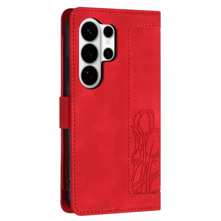 For Samsung Galaxy S26 Ultra 5G Tulips Embossed Leather Phone Case with Lanyard