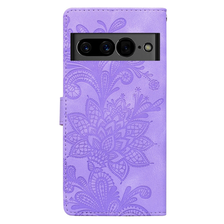 For Google Pixel 7 Lace Floral Embossed Magnetic Buckle PU Phone Case With Wrist Strap
