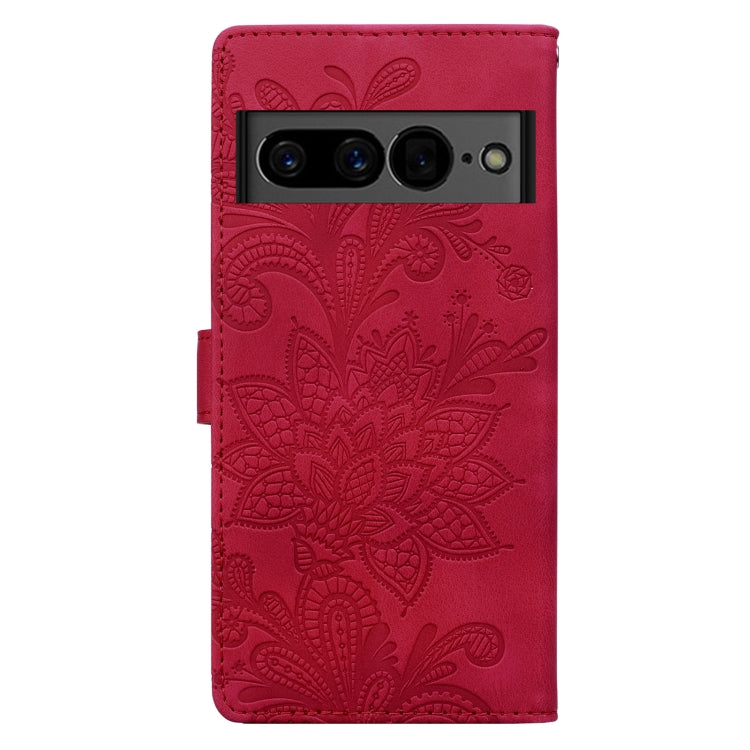 For Google Pixel 7 Lace Floral Embossed Magnetic Buckle PU Phone Case With Wrist Strap