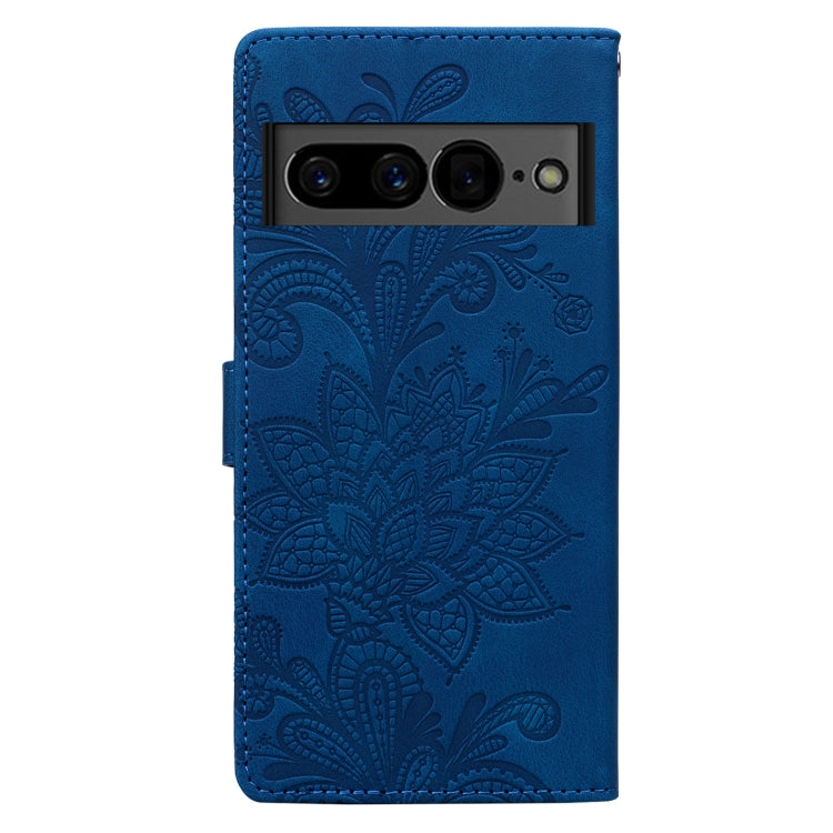 For Google Pixel 7 Lace Floral Embossed Magnetic Buckle PU Phone Case With Wrist Strap