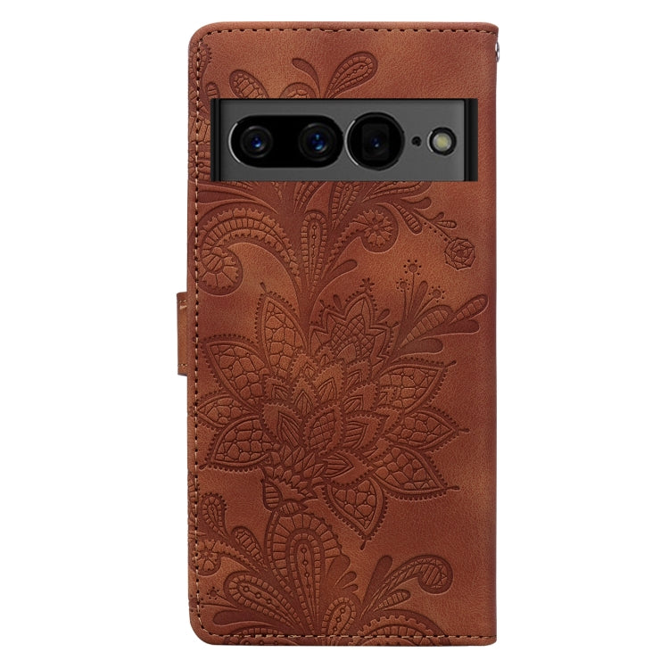 For Google Pixel 7 Lace Floral Embossed Magnetic Buckle PU Phone Case With Wrist Strap