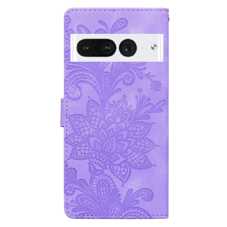 For Google Pixel 7 Pro Lace Floral Embossed Magnetic Buckle PU Phone Case With Wrist Strap