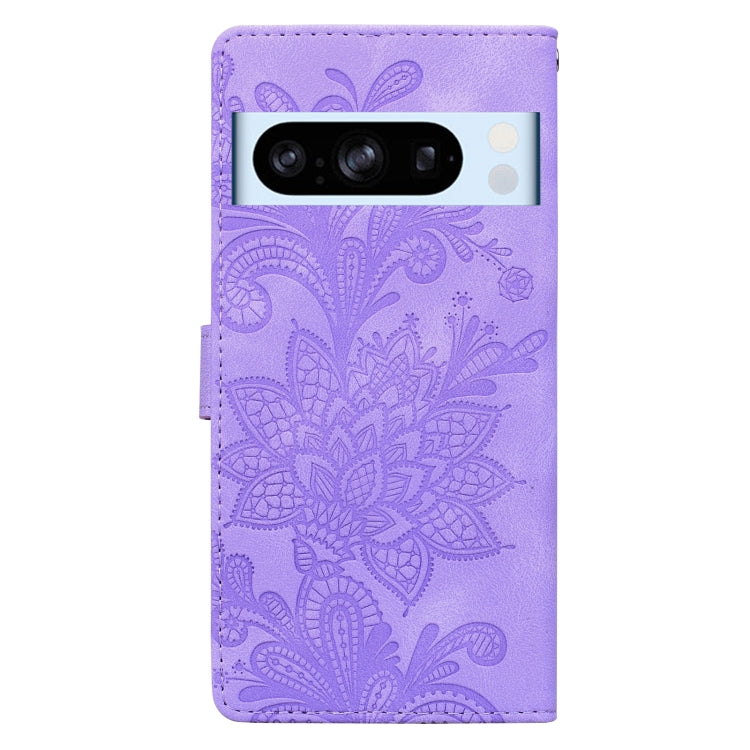 For Google Pixel 8 Pro Lace Floral Embossed Magnetic Buckle PU Phone Case With Wrist Strap