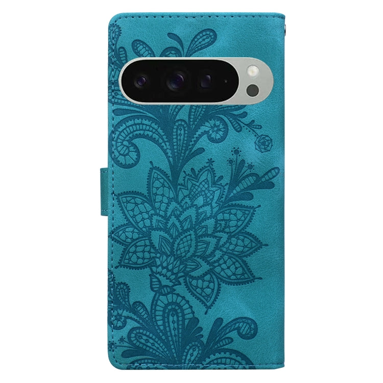 For Google Pixel 9 / 9 Pro Lace Floral Embossed Magnetic Buckle PU Phone Case With Wrist Strap