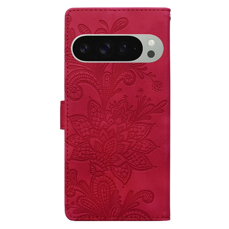For Google Pixel 9 / 9 Pro Lace Floral Embossed Magnetic Buckle PU Phone Case With Wrist Strap