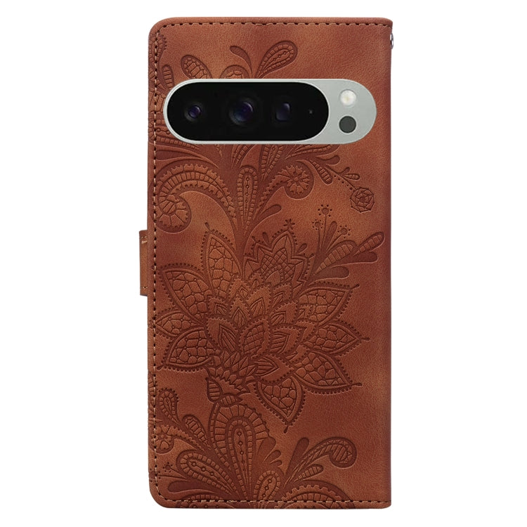 For Google Pixel 9 / 9 Pro Lace Floral Embossed Magnetic Buckle PU Phone Case With Wrist Strap